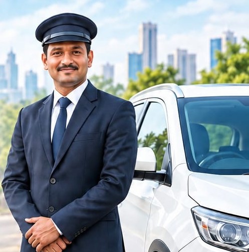 Professional chauffeur in uniform standing beside a car